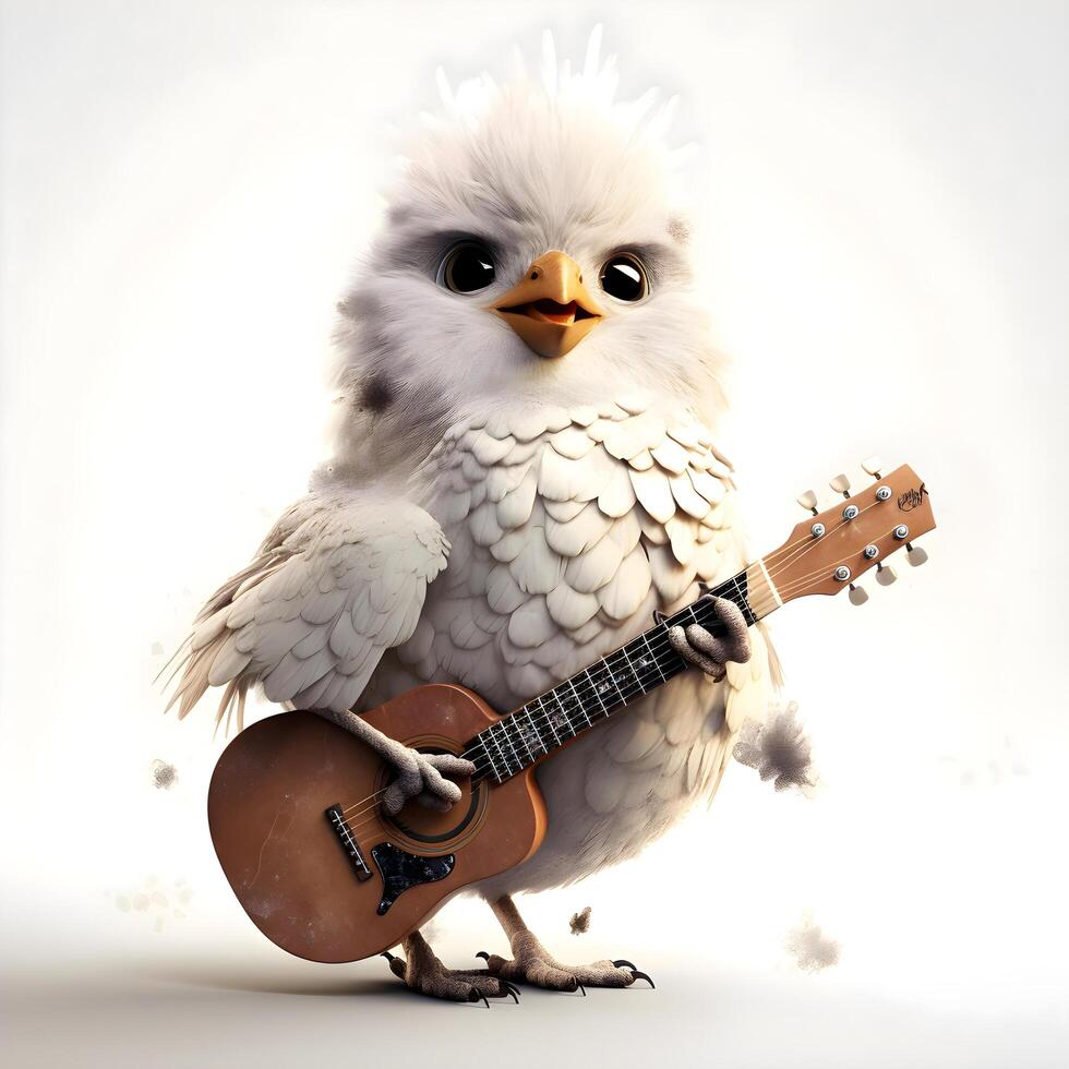 3D rendering of a cute bird with a guitar isolated on white background, Image photo