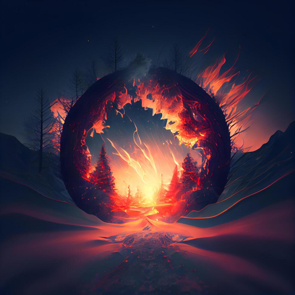 Fantasy landscape with a planet of fire in the forest. illustration., Image photo