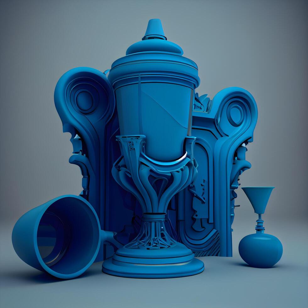 3D rendering of an abstract composition with a blue antique throne and two vases, Image photo