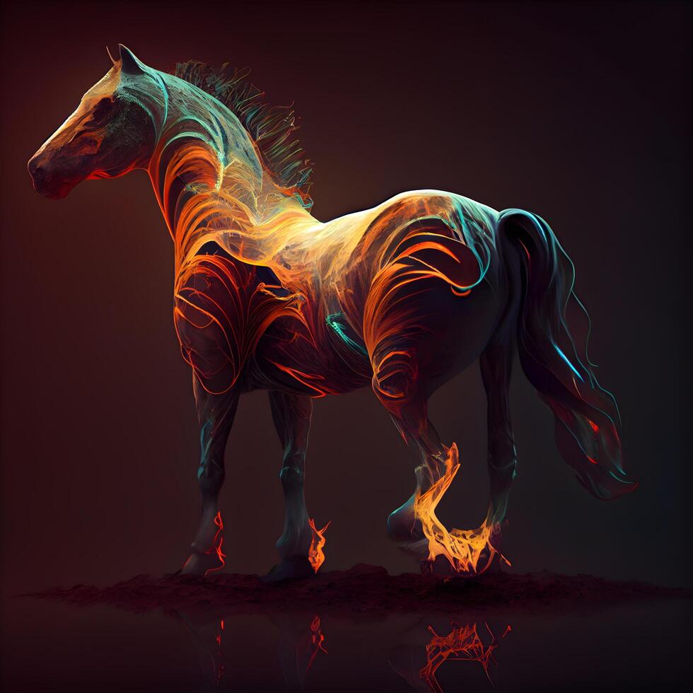 Horse with fire effect on a dark background. 3d rendering, Image photo