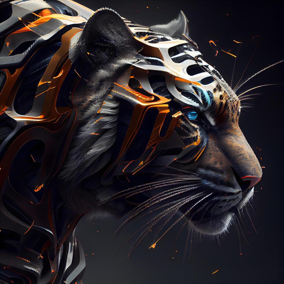 Digital Illustration of a Tiger with Fire Flames in a Black Background, Image photo