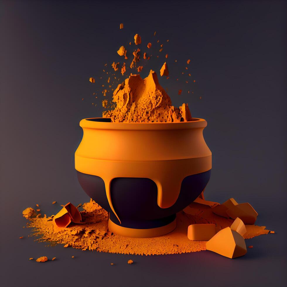 Honey pot with yellow powder on dark background. 3d illustration, Image photo