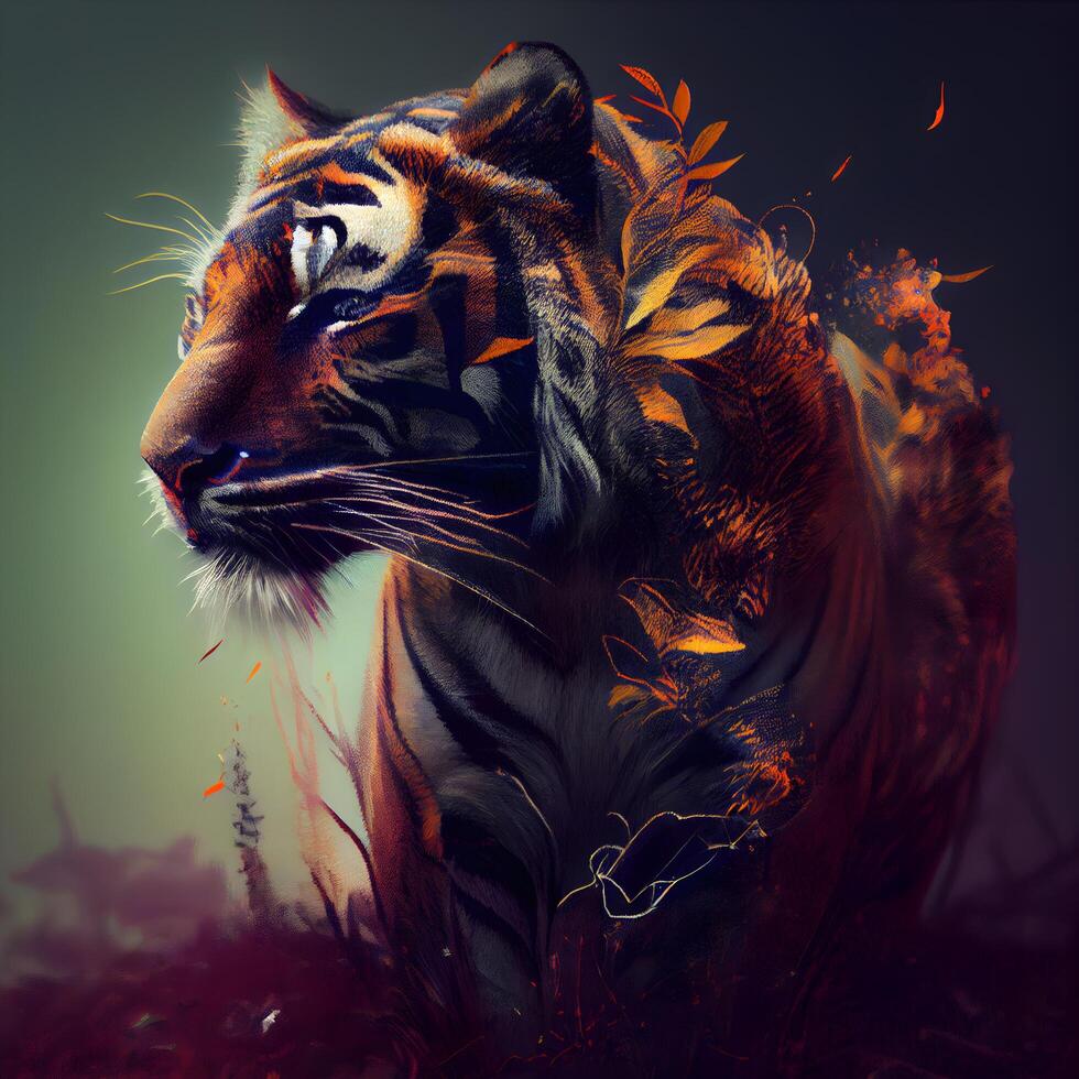 Tigre con hojas en el bosque. digital cuadro. 3d ilustración., ai generativo imagen foto