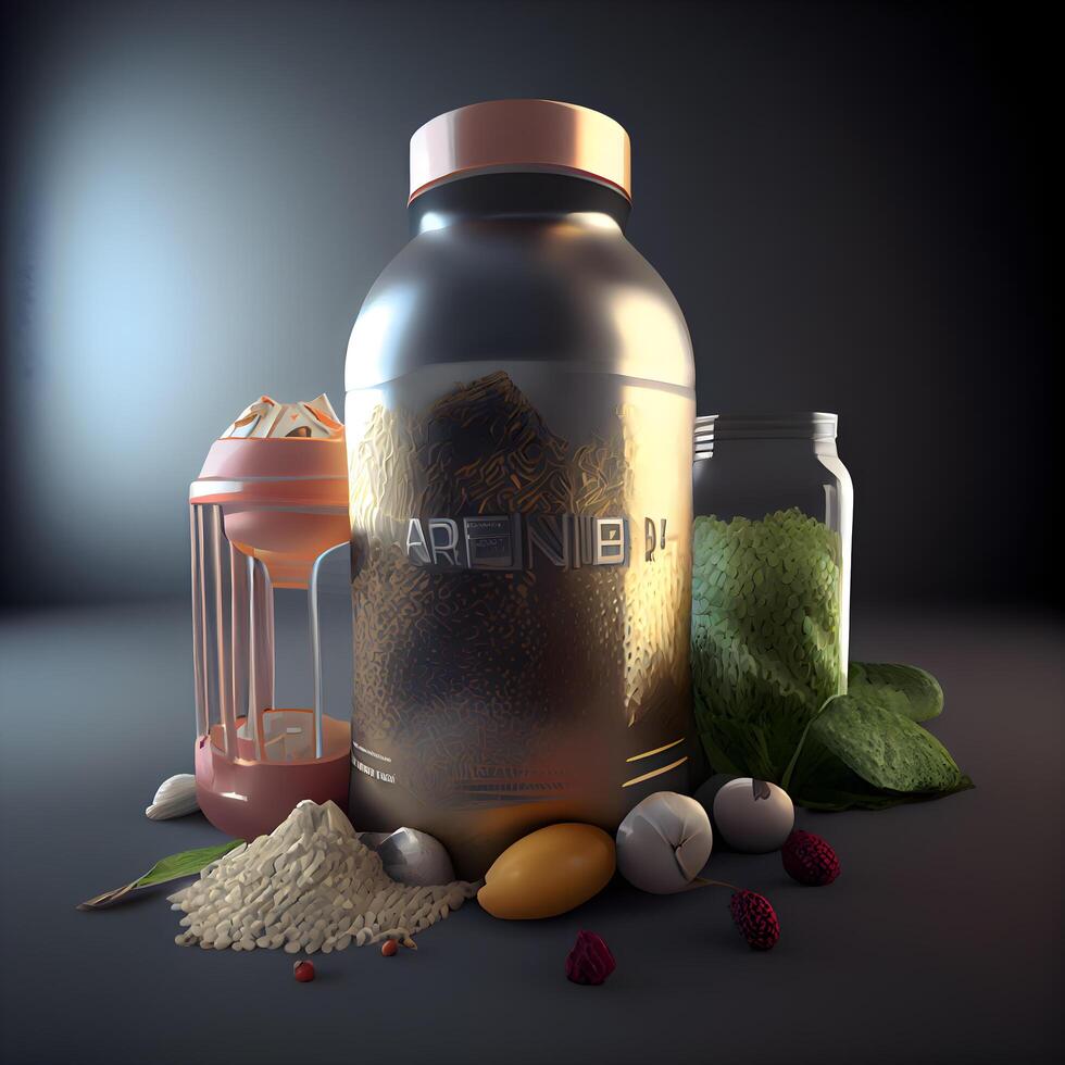 3d rendering of a protein shake bottle with ingredients in the background, Image photo