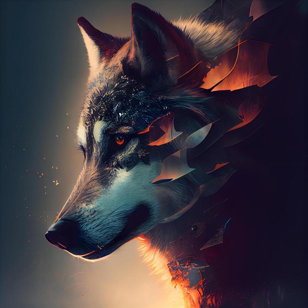 Portrait of a wolf with fire effect. 3D rendering., Image photo