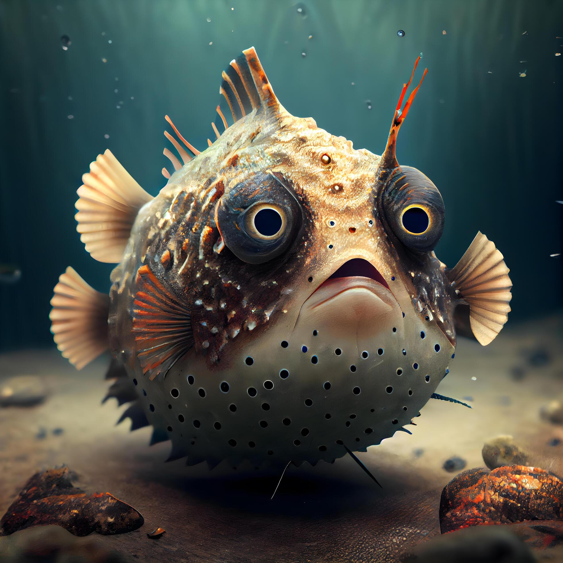 Puffer fish in aquarium. 3D illustration. Vintage style., Ai