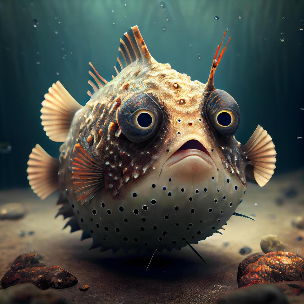 Puffer fish in aquarium. 3D illustration. Vintage style., Image photo