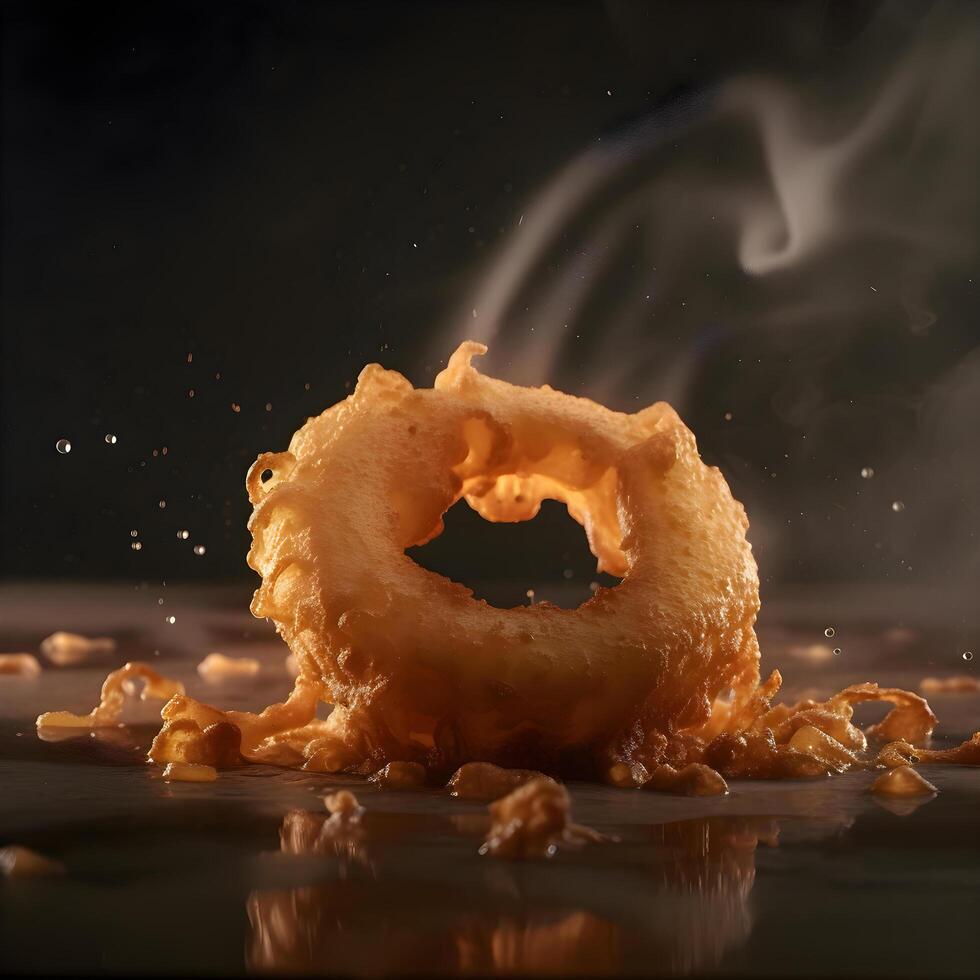 Fried donut with smoke on a dark background. Selective focus, Image photo