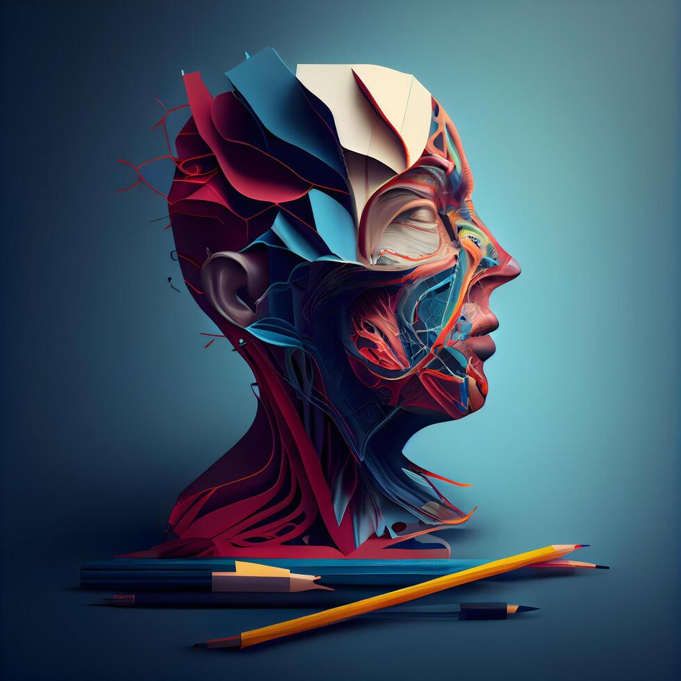 Abstract human head with pencils on blue background. 3d rendering, Image photo