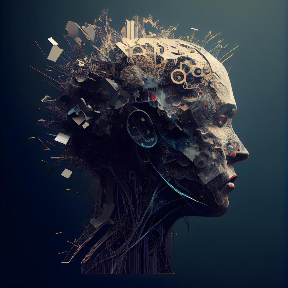 Human head made of gears and cogwheels. 3D rendering, Image photo