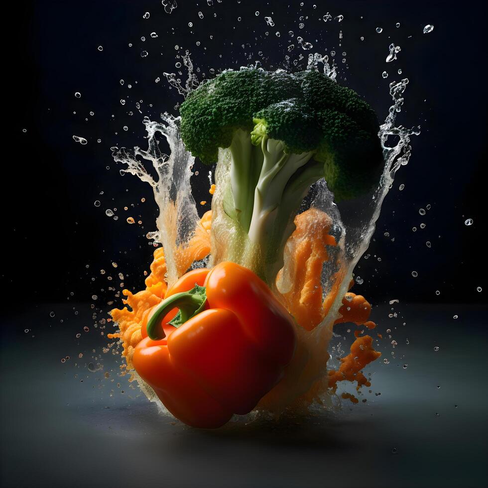 Falling vegetables with water splash on black background. Healthy eating concept., Image photo