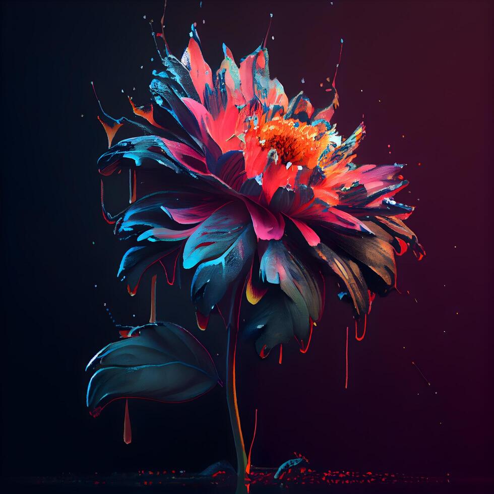 Colorful flower with watercolor splashes on dark background. 3d illustration, Image photo