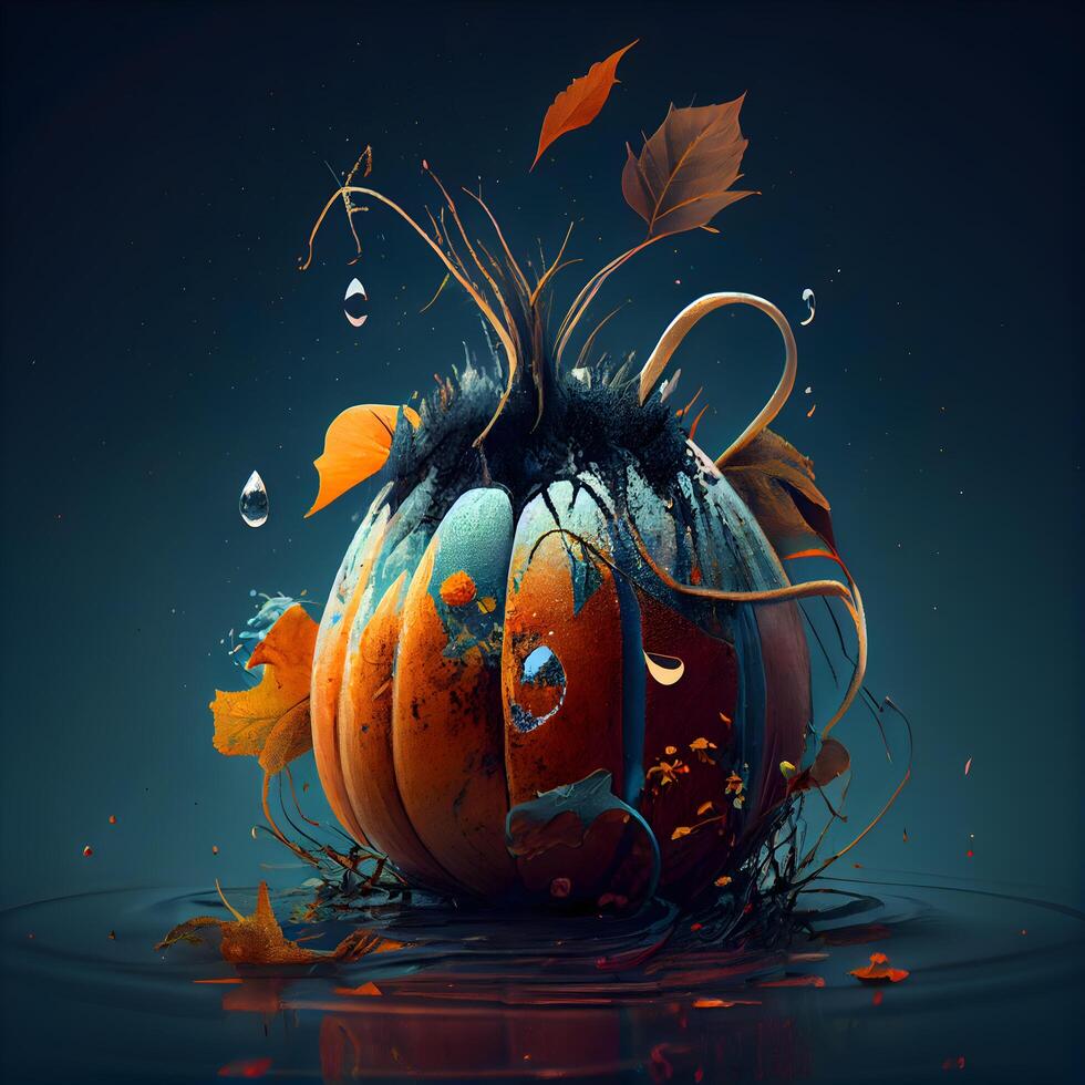 Pumpkin with autumn leaves on dark background. 3d illustration, Image photo