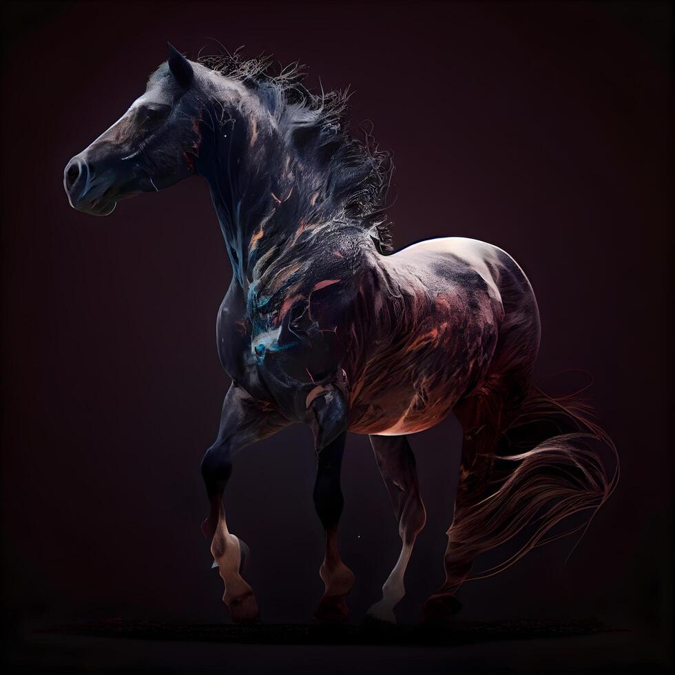Horse with splashes of water on a black background, digital painting, Image photo