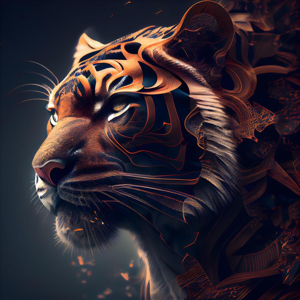 Tigre cabeza con resumen ornamento en negro antecedentes. 3d ilustración, ai generativo imagen foto