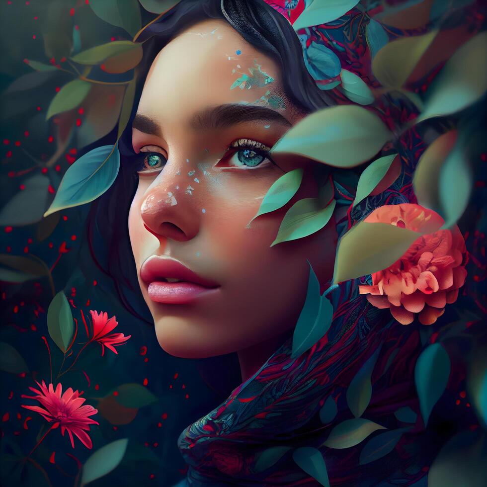 Fantasy portrait of a beautiful girl with flowers in her hair. Beauty ...