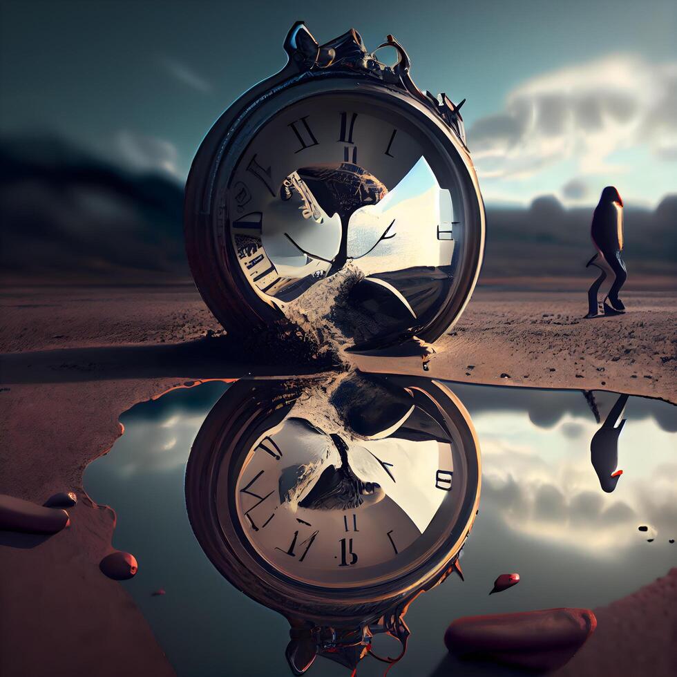 hora concepto. antiguo reloj con reflexión en agua. 3d representación, ai generativo imagen foto