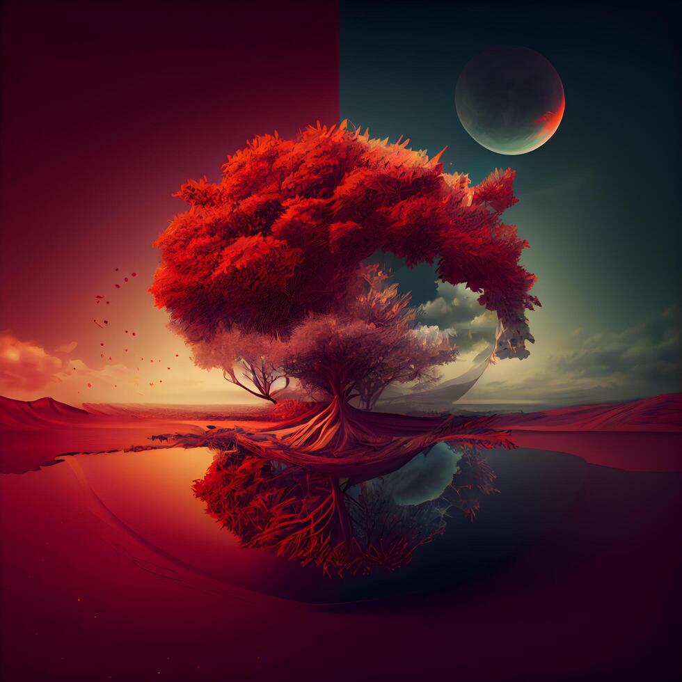 3d ilustración de fantasía paisaje con árbol, Luna y rojo arena, ai generativo imagen foto