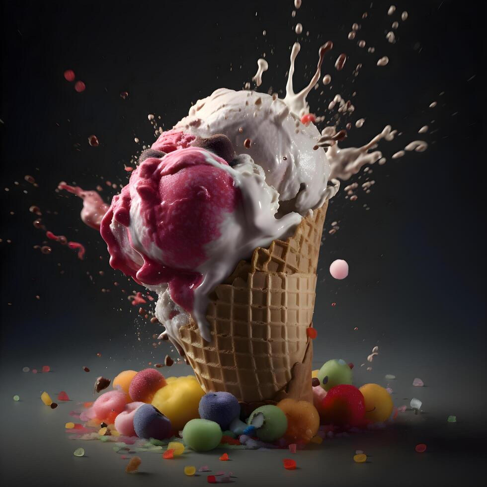 ice cream and chocolate candies on a black background with splashes, Image photo