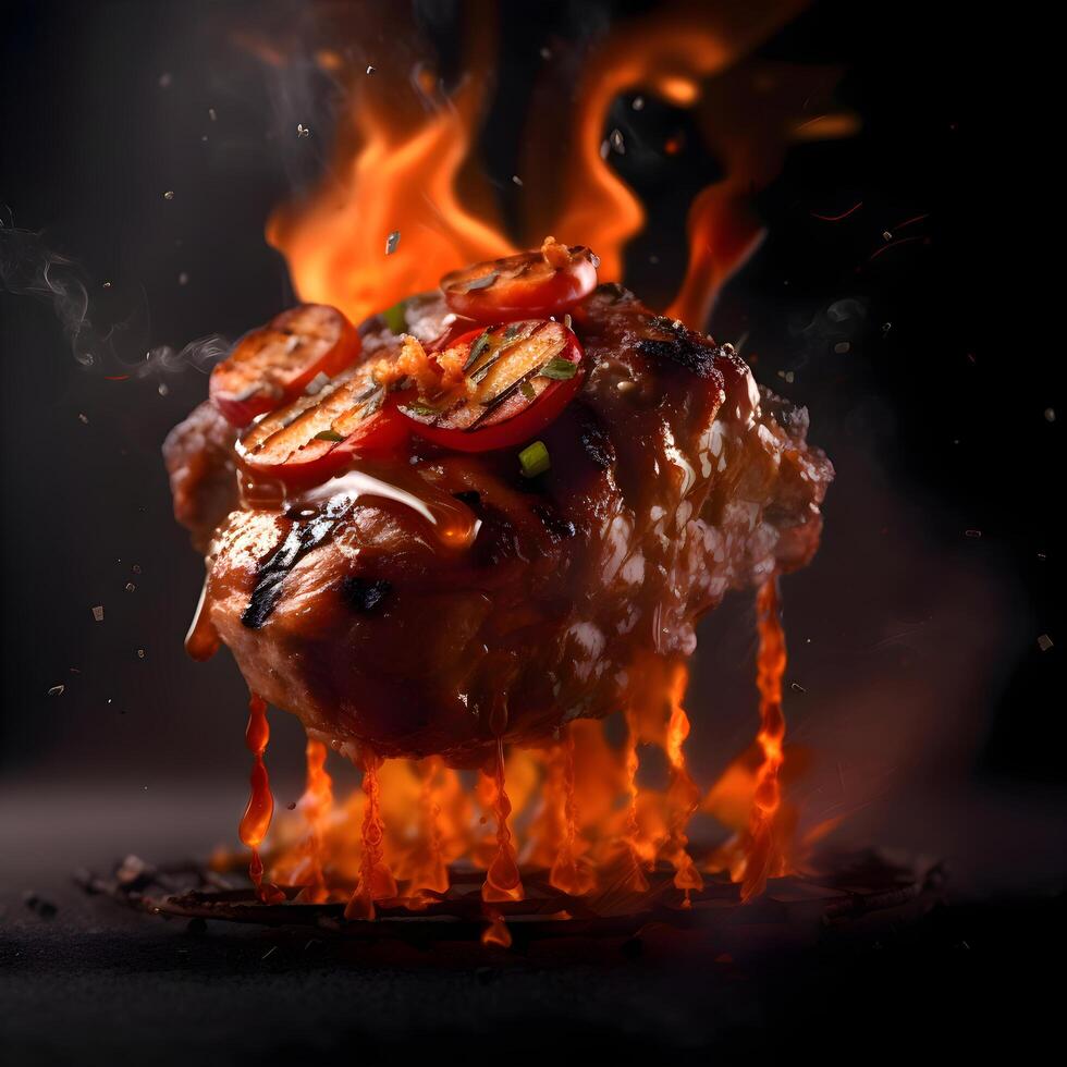 Grilled meat with fire and flames on a black background, close up, Image photo