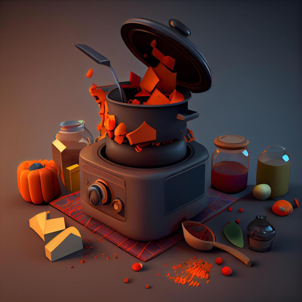 Kitchen blender with ingredients and pumpkins, 3d render illustration, Image photo