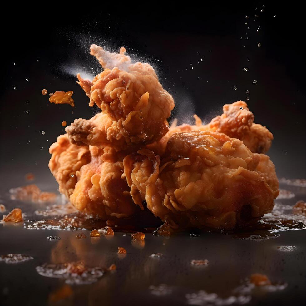 Fried chicken on a black background with smoke. Chicken in the smoke., Image photo