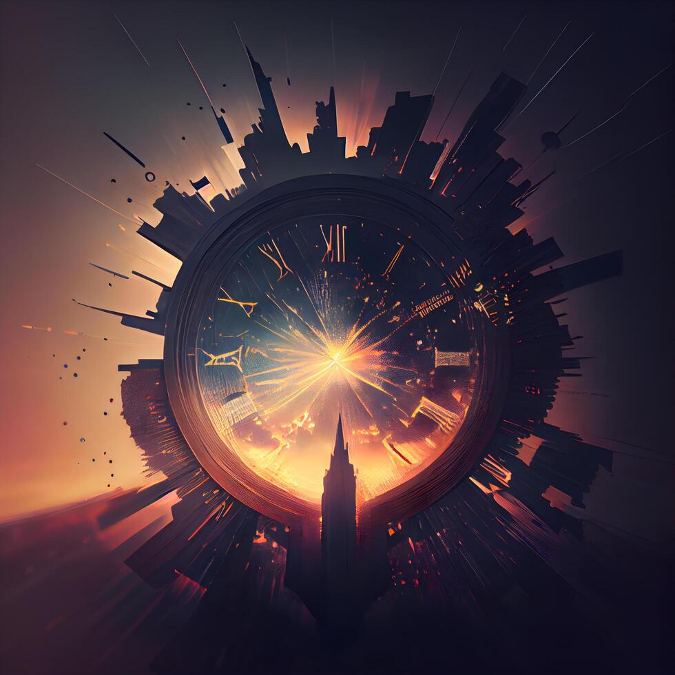 Futuristic city skyline with skyscrapers and buildings at sunset, Image photo