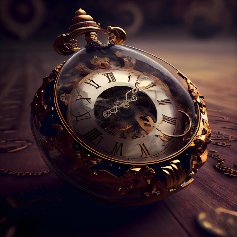 Vintage pocket watch on a wooden background. 3d illustration., Image photo