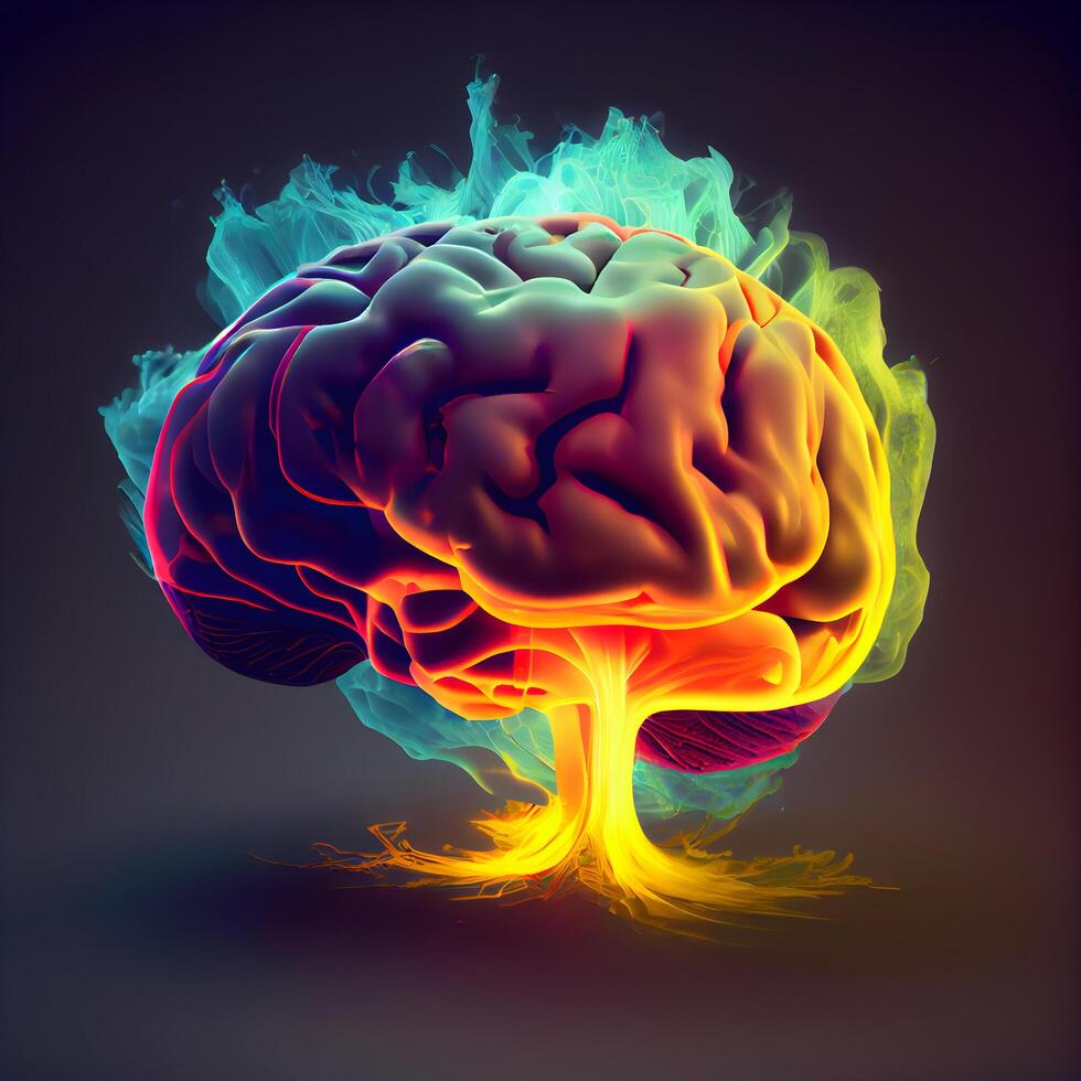 Human brain with fire effect on dark background. 3D illustration., Image photo