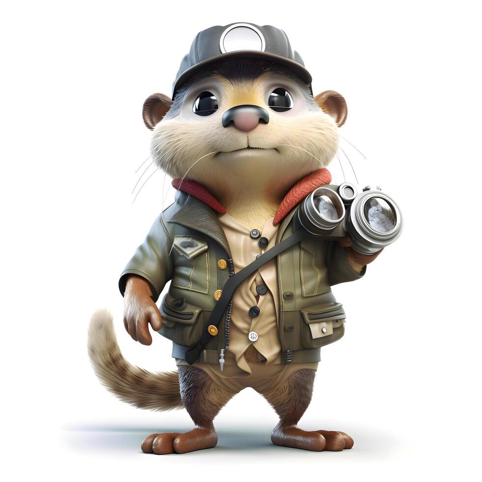 3D rendering of a cute little ferret in a military uniform with binoculars, Image photo