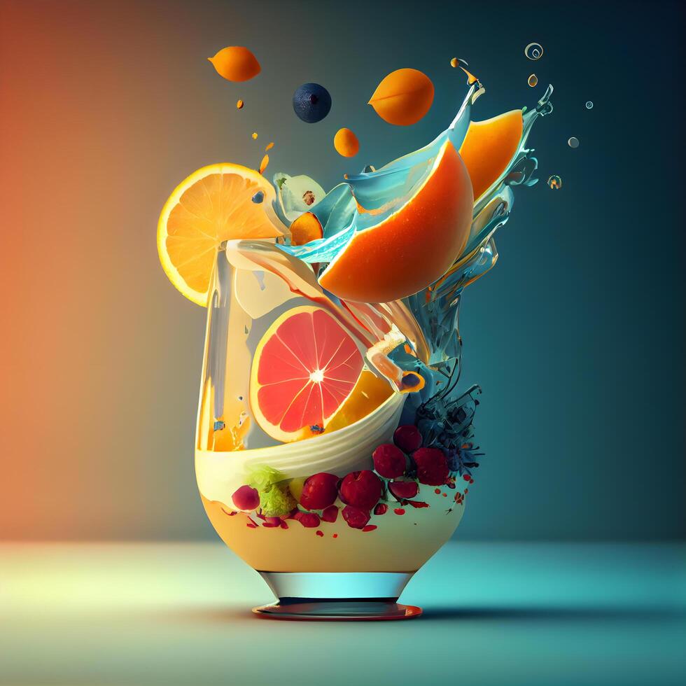 Fruit splashing into a glass of juice. 3d rendering, Image photo