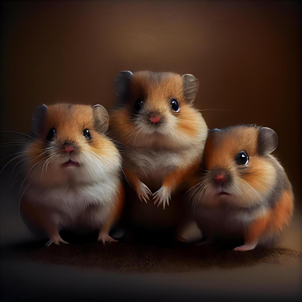 Tres linda hámsters en un oscuro antecedentes. 3d representación., ai