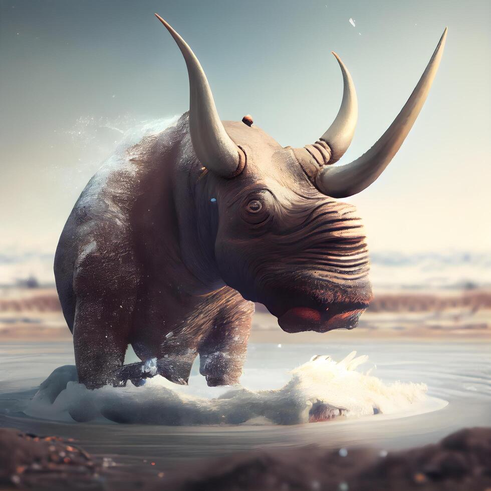 Black rhinoceros in a mud puddle with water., Image photo