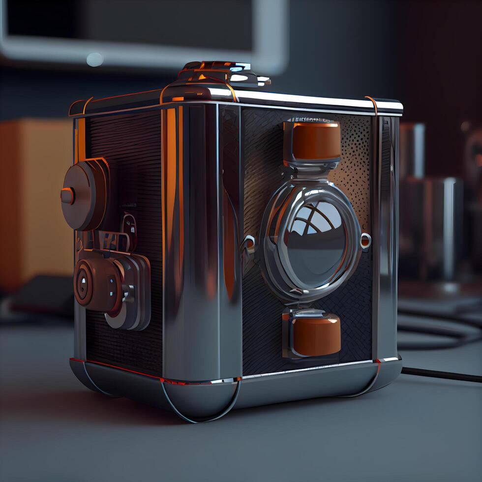 Retro photo camera on the table. 3d render illustration., Image