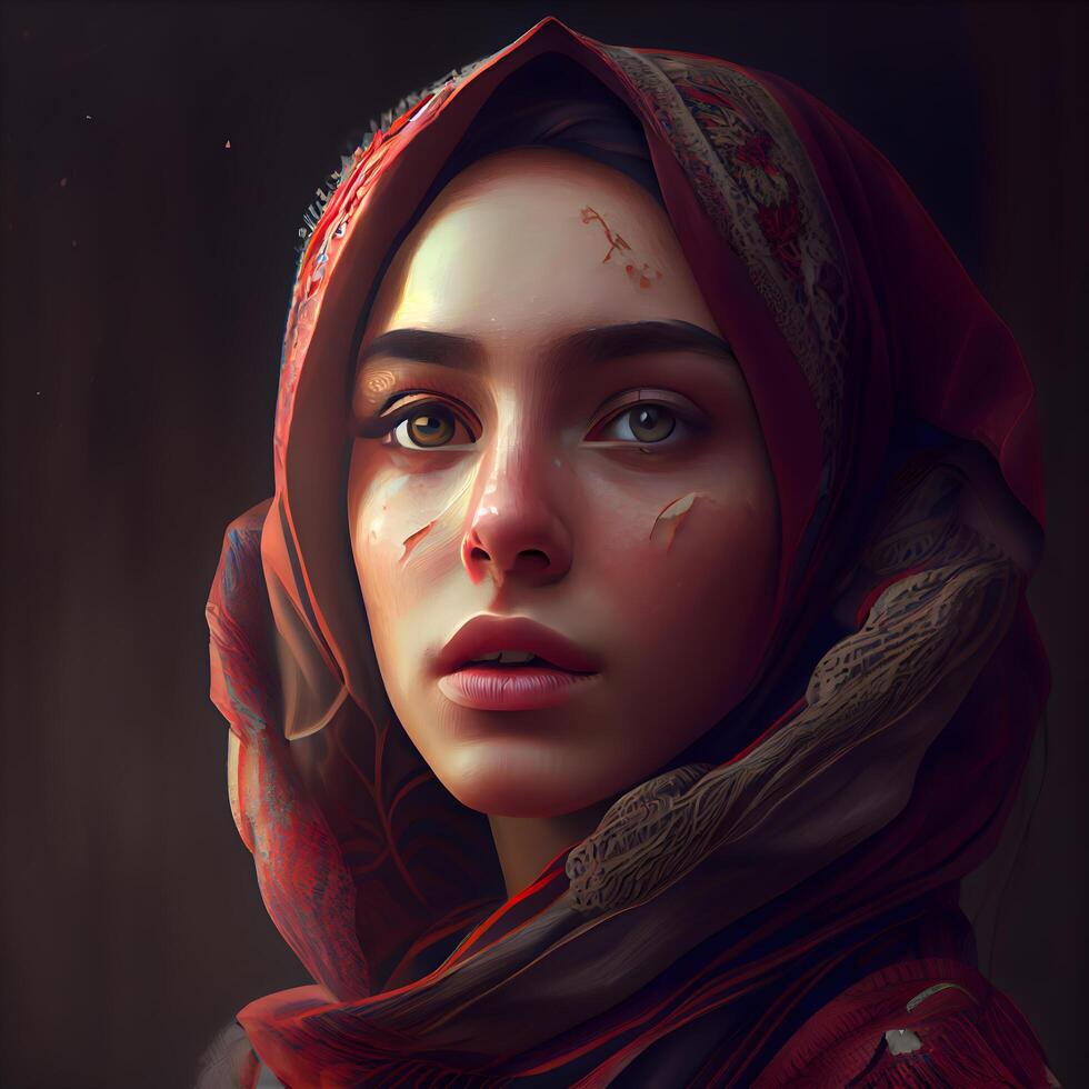 Portrait of a beautiful girl with a red scarf on her head, Image photo