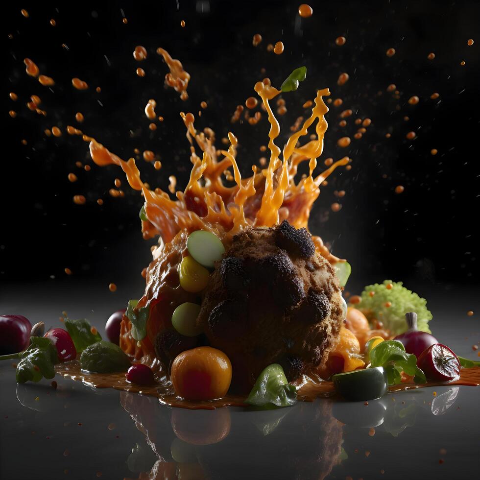 Chocolate cake with fruits splashing on a black background. Copy space., Image photo