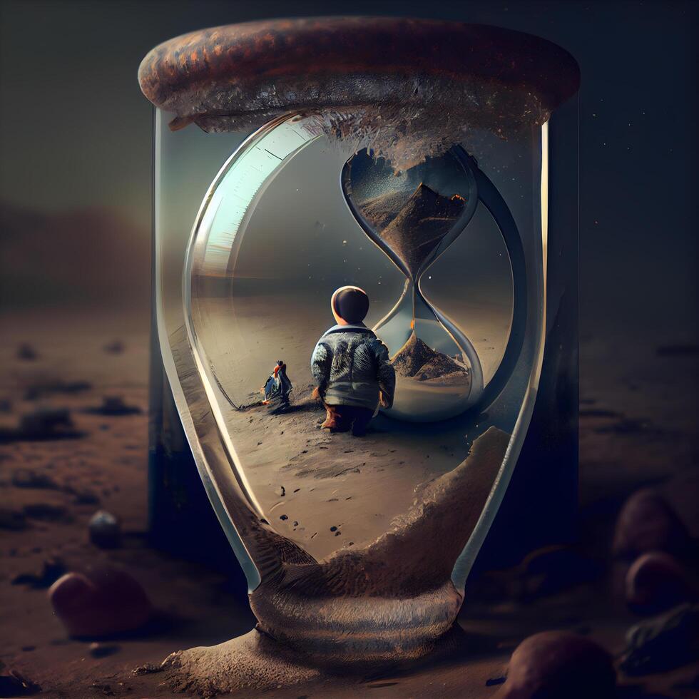 Little boy with sandglass in desert. Time concept. 3d rendering, Image photo