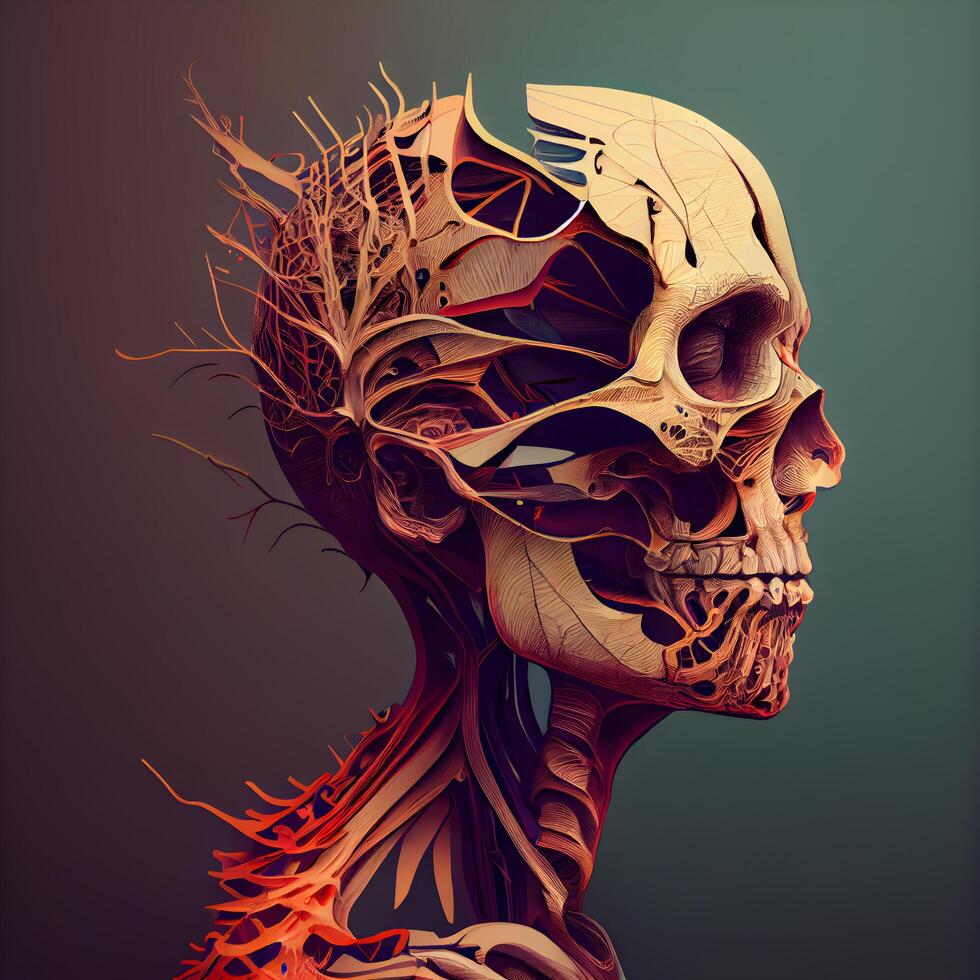 Human skeleton anatomy with blood vessels. 3D rendering. Computer digital drawing., Image photo