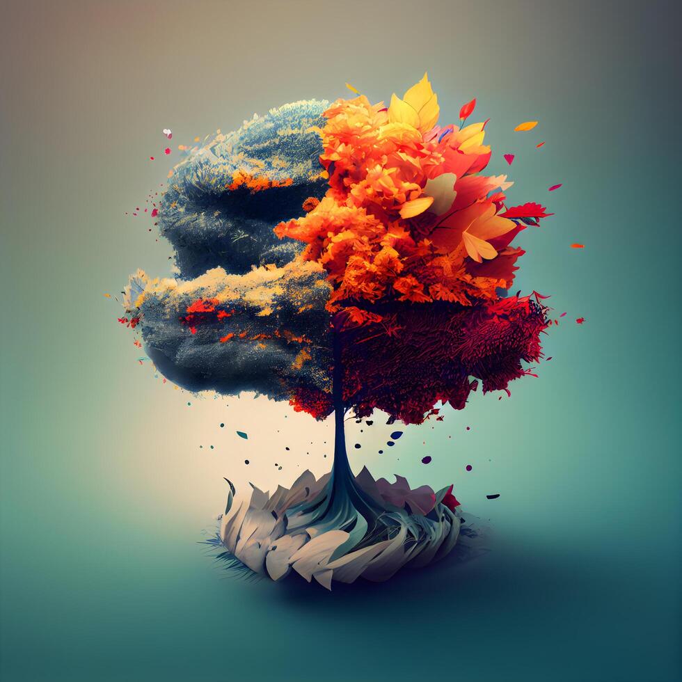 Conceptual image of a human brain made of colorful autumn leaves, Image photo