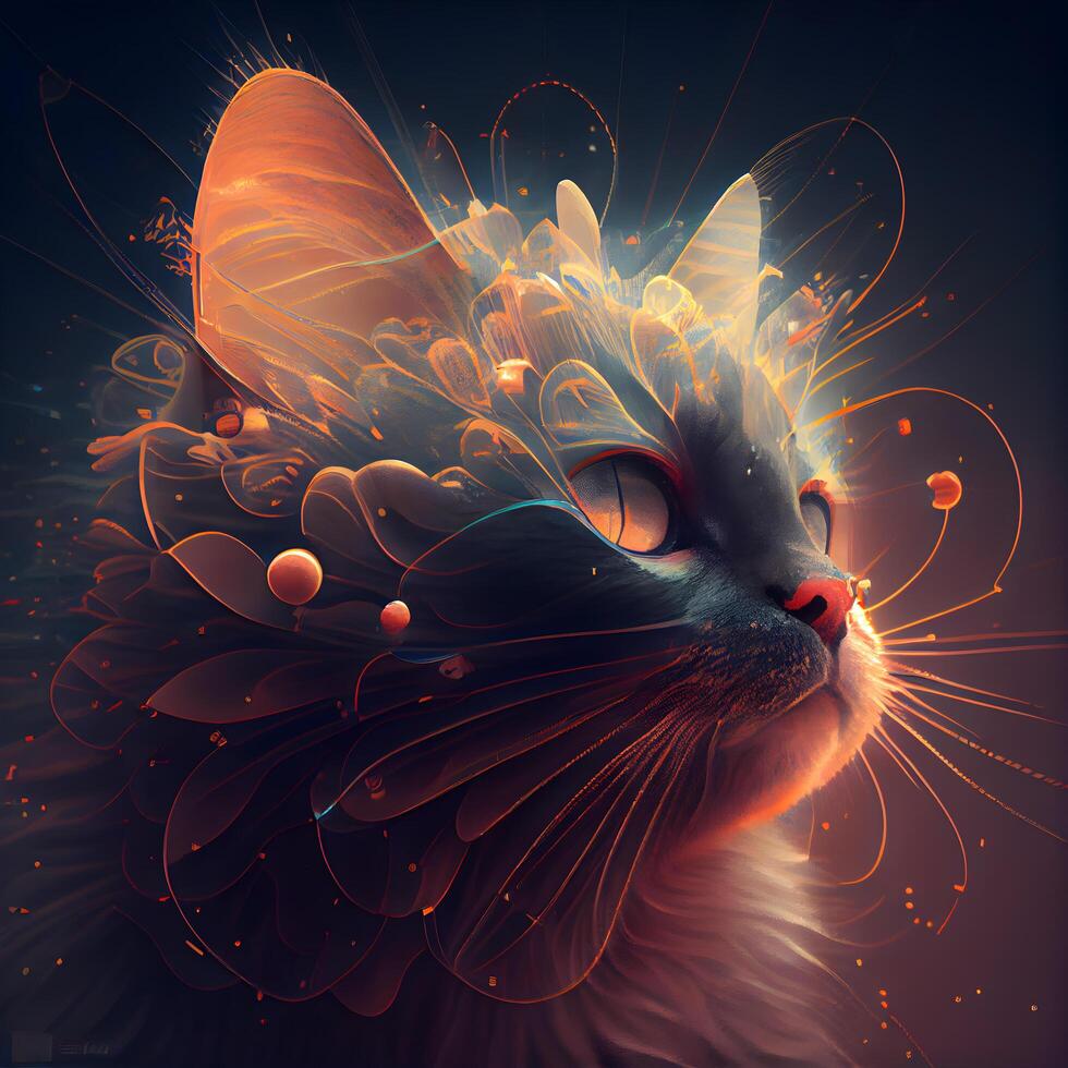Fantasy cat with abstract flower on her head. 3D rendering, Image photo