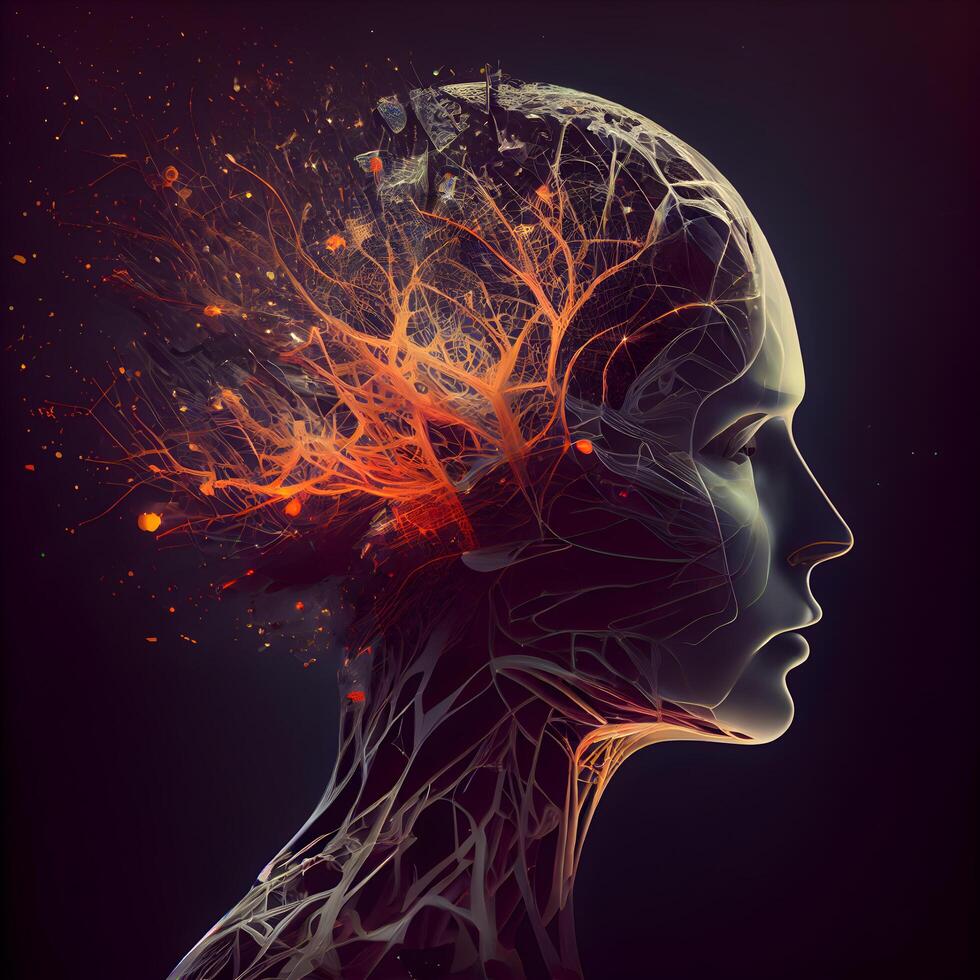 3d rendering of female head with brain and circulatory system on black background, Image photo