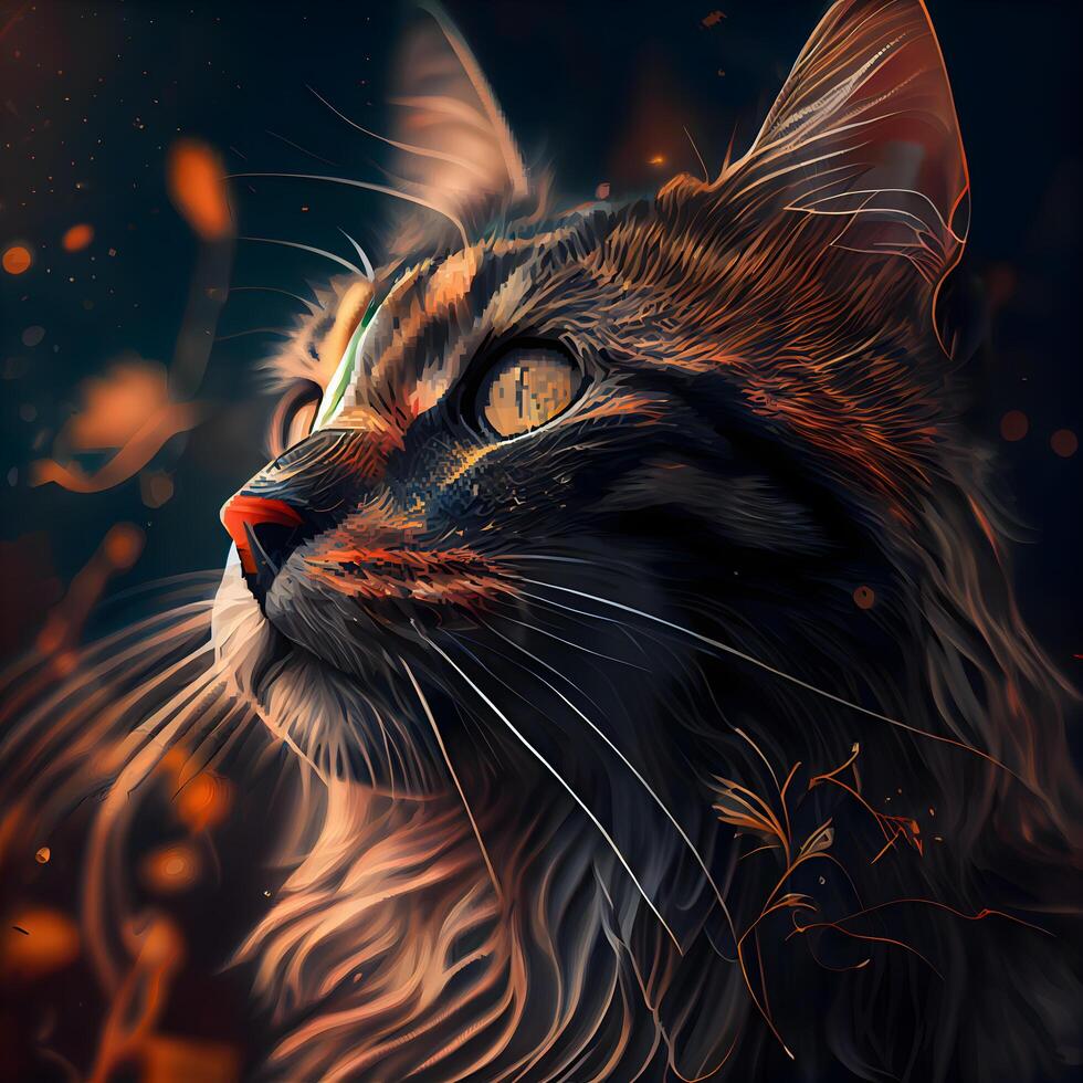 Fantasy portrait of a cat on a dark background. Digital painting., Image photo