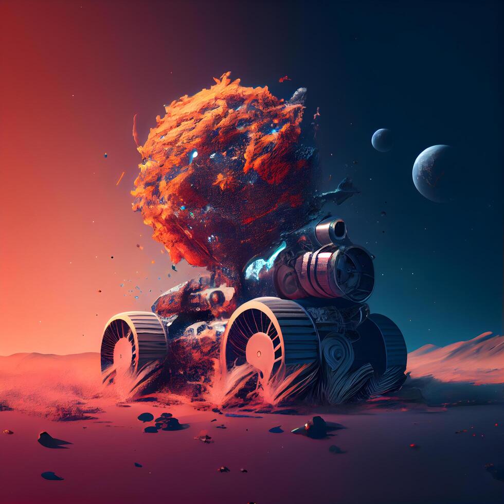 3d illustration of an alien planet with a spaceship in the background, Image photo