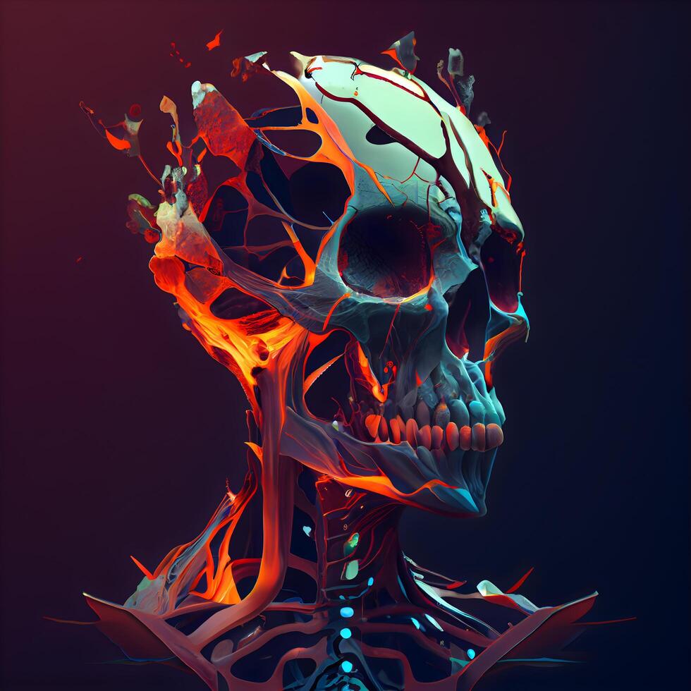 Human skull in red and blue flames on dark background. 3d illustration, Image photo