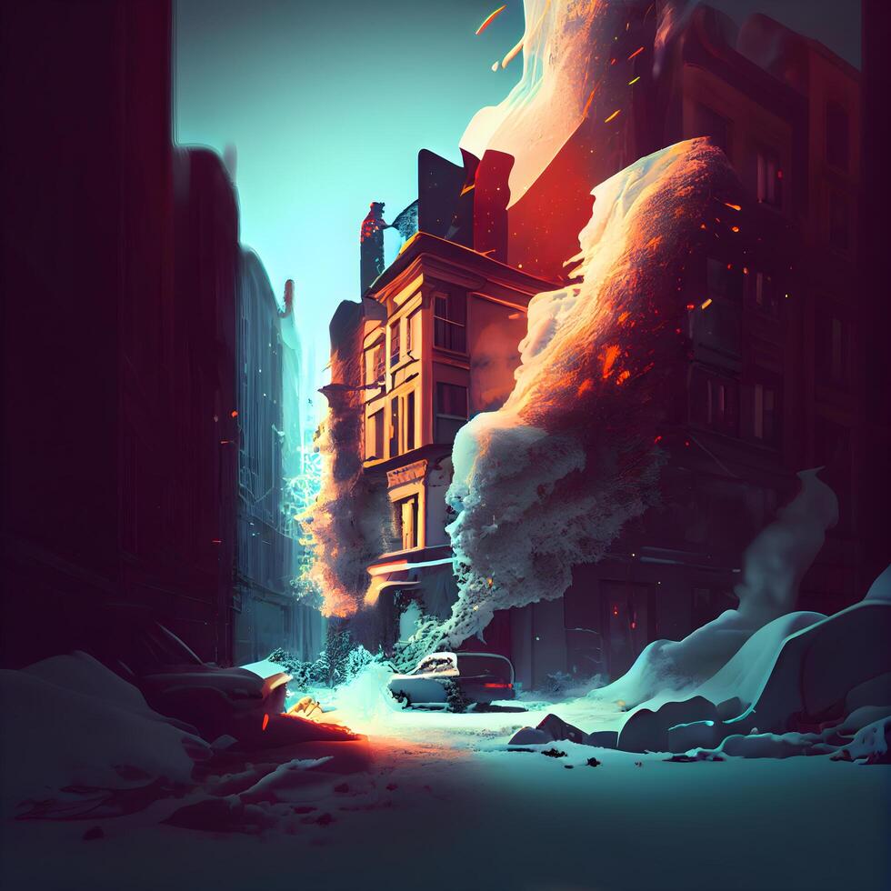 Snowstorm in the city at night. Winter scene. 3d rendering, Image photo