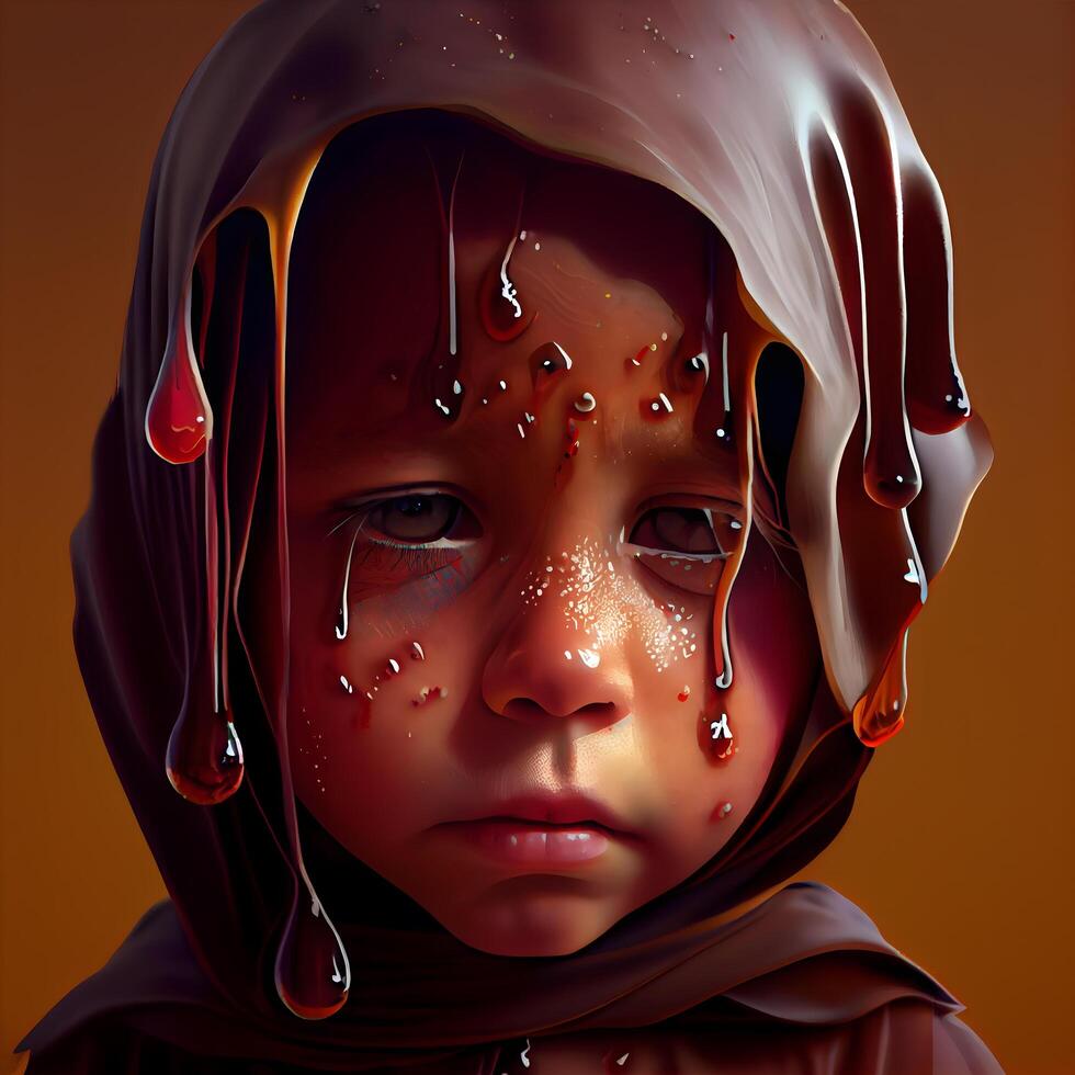 3d rendering of a sad girl with chocolate dripping on her face, Image photo