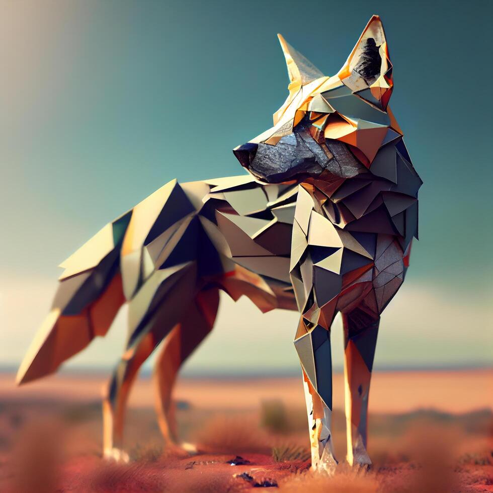 Polygonal wolf in the desert. 3d render illustration., Image photo