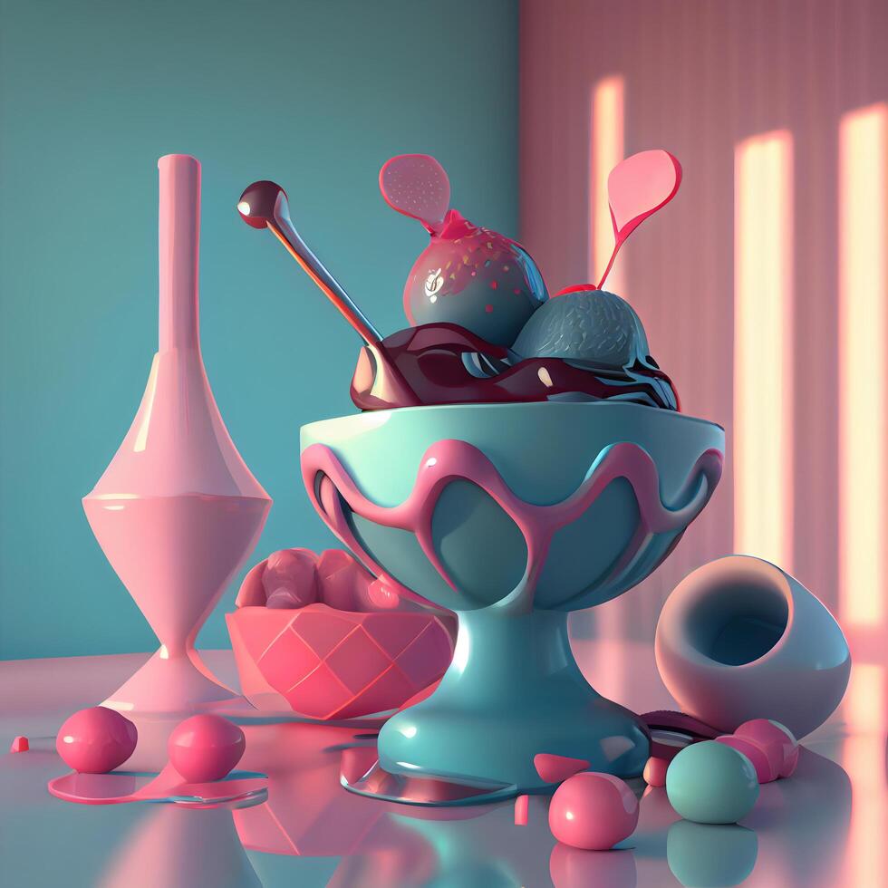 Ice cream in a bowl with ice cream scoop, 3d render, Image photo