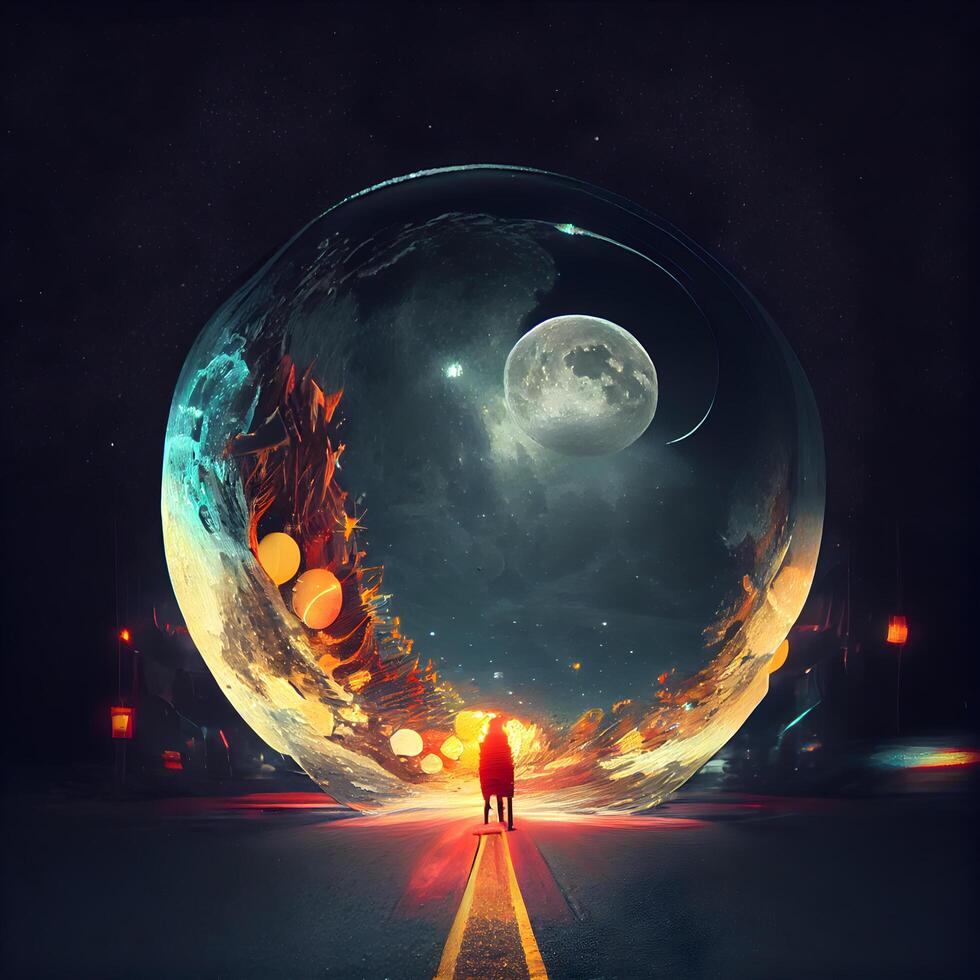 Man standing on the road with fire ball and moon in the background, Image photo
