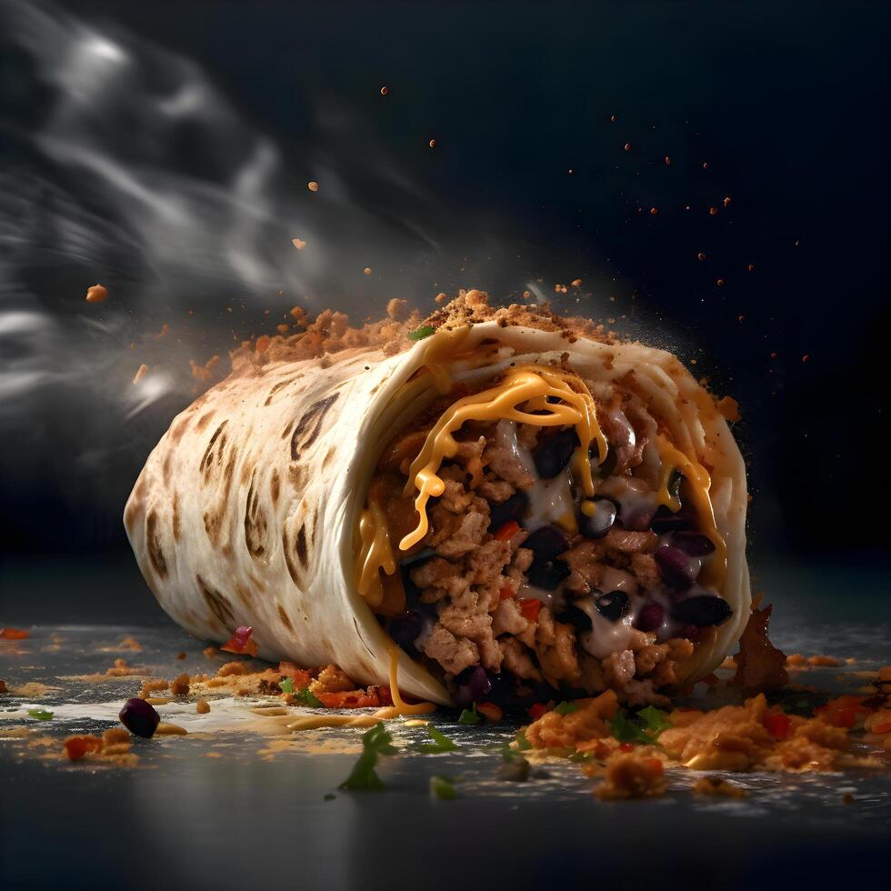 burrito con carne y vegetales en un negro antecedentes. Copiar espacio., ai generativo imagen foto